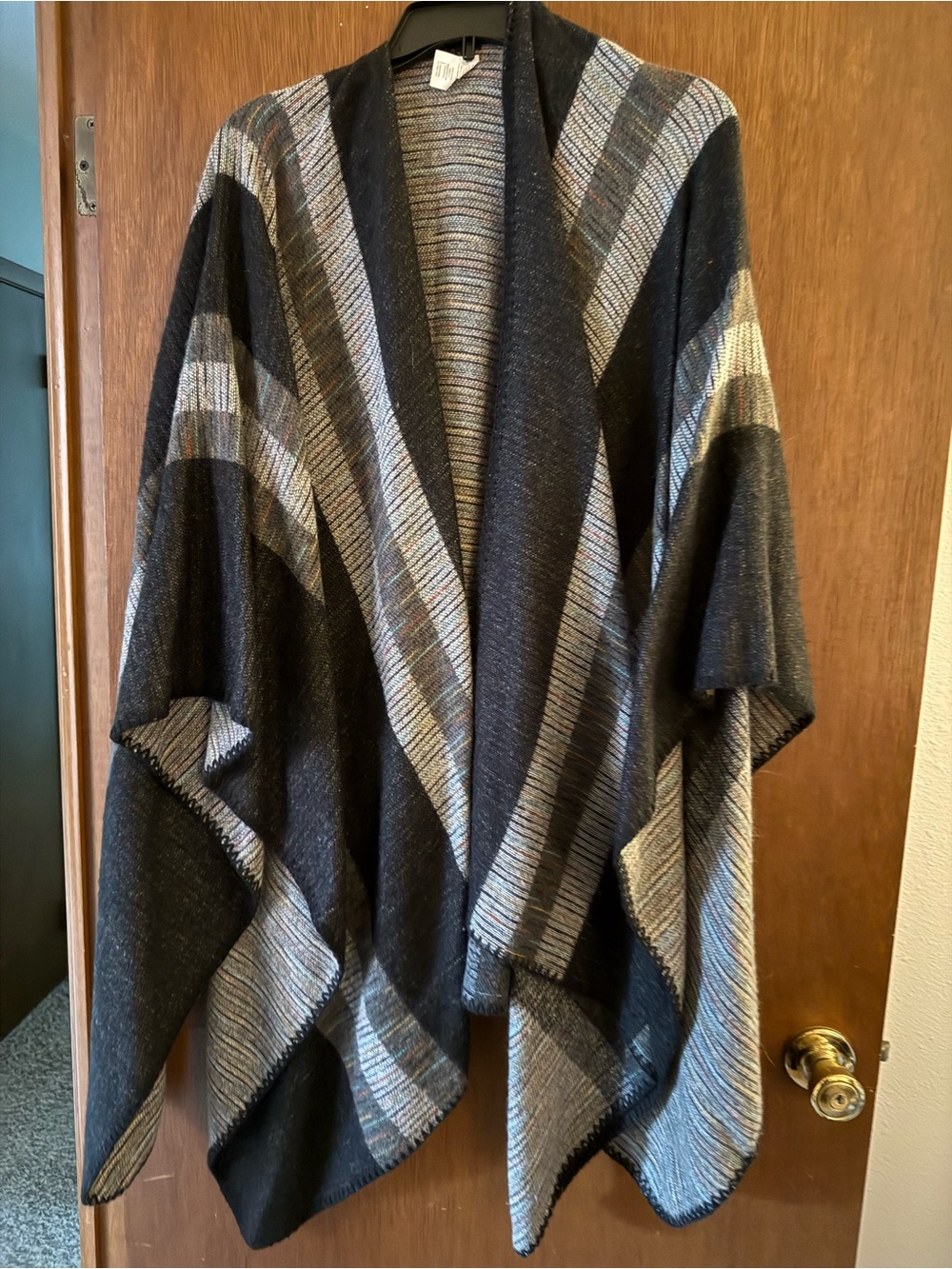 Christopher & Banks Black and Gray Striped Open-Front Poncho